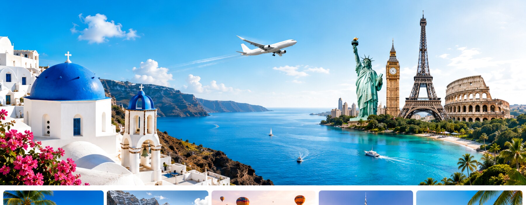 A bright world-travel panorama — Santorini, an airliner, and famous European landmarks